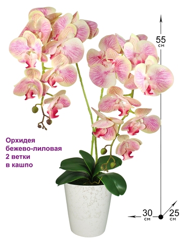 Искусственная Орхидея бежево-лиловая 2 ветки 55 см в кашпо