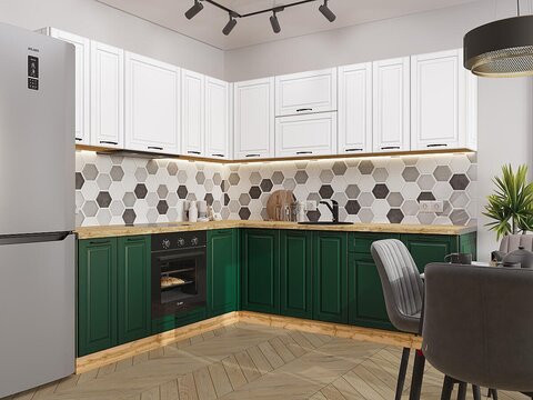 Угловая модульная кухня Дублин-02 Special White/Special Green - Дуб Вотан 2140*2200/2400*600