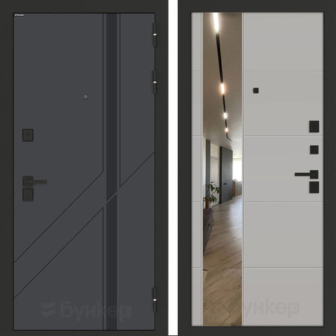 Входная металлическая дверь Бункер БН-12 Веллюто верде зеркальная вставка ФЛЗ - 649 Серый софт