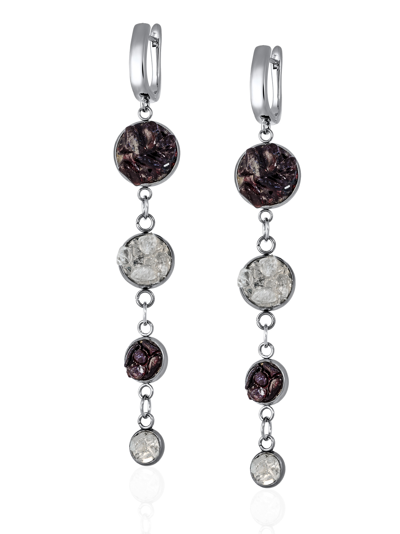 Длинные серьги геометрические с гранатом и хрусталем