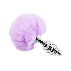Серебристая анальная пробка с сиреневым мехом Metal Anal Fluffly Twist Plug L - 