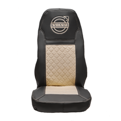 Чехлы VOLVO FH-13 после 2018 года: водитель от сиденья, пассажир от стойки кабины (один вырез под ремень) (экокожа, черный, бежевая вставка)