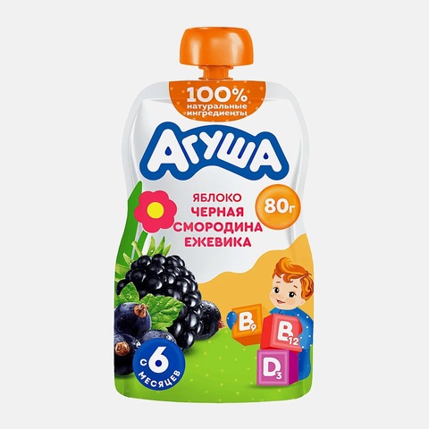 Агуша пюре яблоко, черная смородина, ежевика 80гр с 6мес.