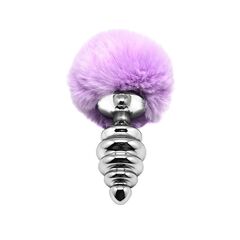 Серебристая анальная пробка с сиреневым мехом Metal Anal Fluffly Twist Plug L - 