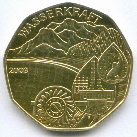 5 евро 2003 год. Гидроэлектростанция. Австрия. Серебро с позолотой AUNC