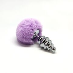 Серебристая анальная пробка с сиреневым мехом Metal Anal Fluffly Twist Plug L - 