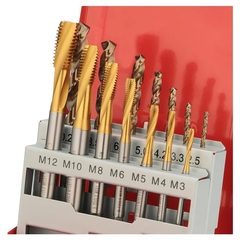 Набор метчиков машинных M3 -M12 HSSE-TiN DIN371/376 (C/2,5P, R15, + сверла) 14пр H-Tools 245053THT