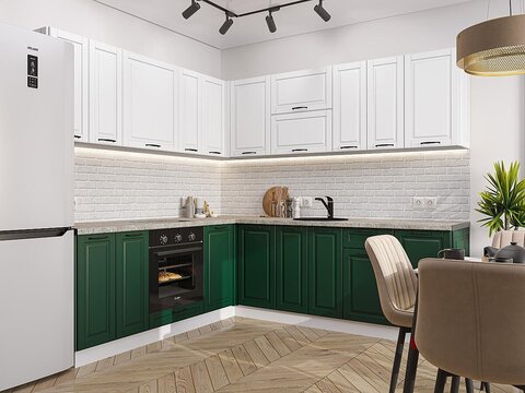 Угловая модульная кухня Дублин-02 Special White/Special Green - Белый 2140*2200/2400*600