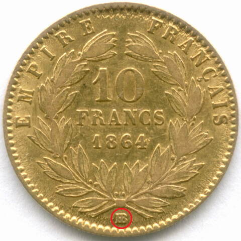 10 франков 1864 год (ВВ). Франция. Наполеон III. Золото VF-XF