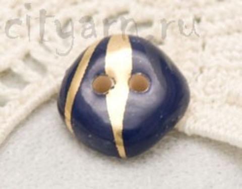 Пуговица керамическая, кобальтово-синяя, с двумя золотыми полосами, маленькая