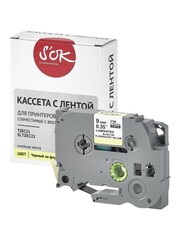 Кассета с лентой S'OK by Sakura Printing TZEC21 для Brother,  черный на желтом, 9мм, 8м , наклейка