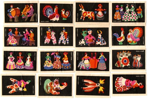 Набор спичечных этикеток - Дымковская игрушка - 16 штук - 1957 год - СССР