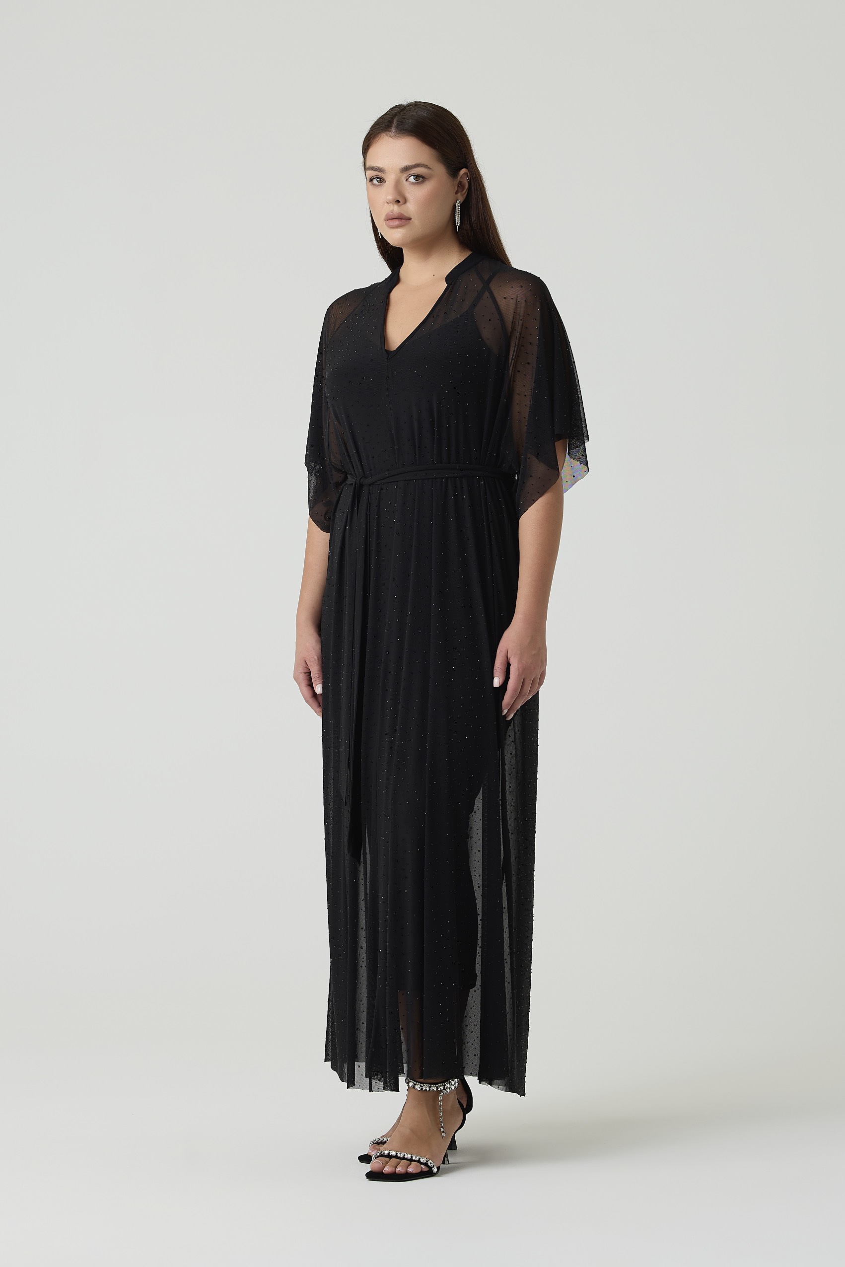 Платье-туника из сетки со стразами, черный