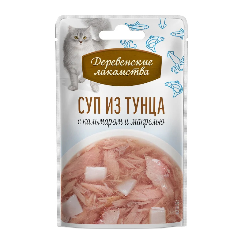 Лакомство "Суп из тунца с кальмаром и макрелью", для кошек, 35 г ...