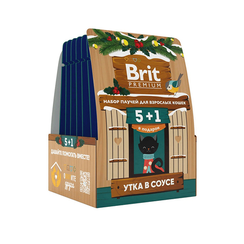 Набор паучей Brit Premium с уткой, кусочки в соусе, для взрослых кошек, 5+1, кормушка, 510 г