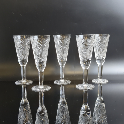 Рюмки набор из 5 штук хрустальные, алмазная грань, геометрический орнамент, 12.5 см, винтаж СССР 1970-1990 гг