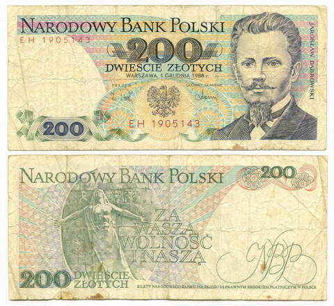 Банкнота Польша 200 злотых 1988 год EH 1905143. F