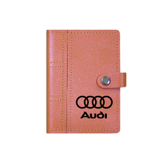 Обложка на автодокументы сложная на кнопке с кармашками "Audi", рыжая