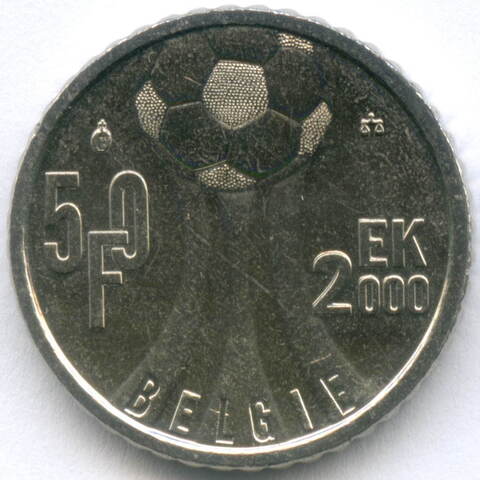 50 франков 2000 год. Бельгия (BELGIE). Чемпионат Европы по футболу. Никель AU