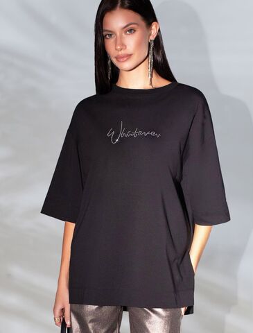 Футболка оверсайз с принтом стразами из премиального хлопка с эластаном  D49.125 (128931)