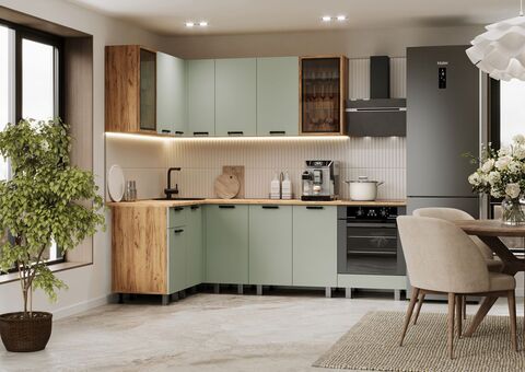 Кухня Техно 1,4х2,4м Компоновка №9 (Олива софт, Дуб Крафт (Дуб вотан))