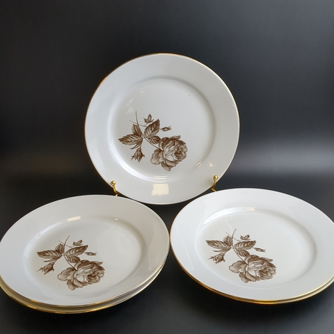 Тарелки под второе/горячее блюдо набор из 5 штук, фарфоровые из сервиза "Чёрная роза", деколь, золочение, клеймо Kahla, Кахла, ГДР, винтаж 1968-1987 гг