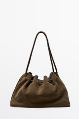 Massimo Dutti Кожаная сумка из замши со сборками, коричневый