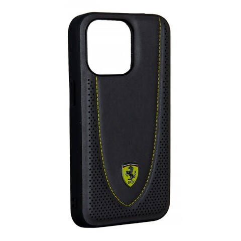 Кожаный чехол Ferrari RGO для iPhone 13 Pro (Черный с желтым)