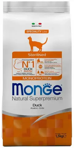Сухой корм Monge Cat Speciality Line Monoprotein Sterilised для стерилизованных кошек, из утки, 1,5 кг