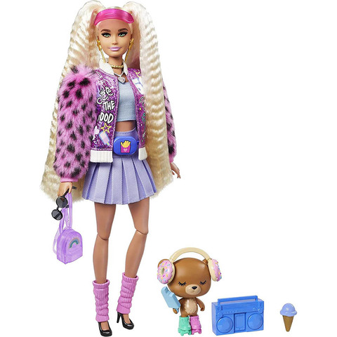 Барби Экстра 8 в Розовой Блестящей Куртке с Меховыми Рукавами и Питомцем Мишкой