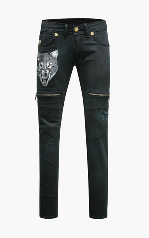 The Saints Sinphony | Джинсы мужские EMBROIDERED WOLF BIKER JEAN BLACK TSG440 перед