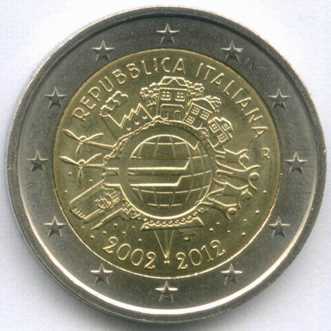 2 евро 2012 год. Италия. 10 лет наличному евро. Биметалл AU