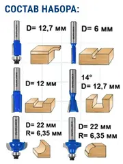 Набор фрез ПРАКТИКА по дереву 6 шт (хвостовик 8 мм) (918-763)