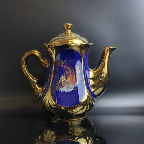 Чайник заварочный "Жар-птица" кобальт, позолота, изящная роспись, 22 см., винтаж СССР 1970-1990 гг