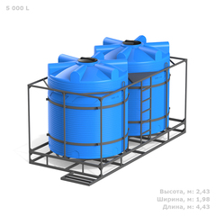 Емкости в кассетах для перевозки воды и жидких удобрений, КАС Полимер-Групп V 5000 двойная с полным сливом* 10000 л. вертикальная (4430x1980x2434см;синий) - арт.559070
