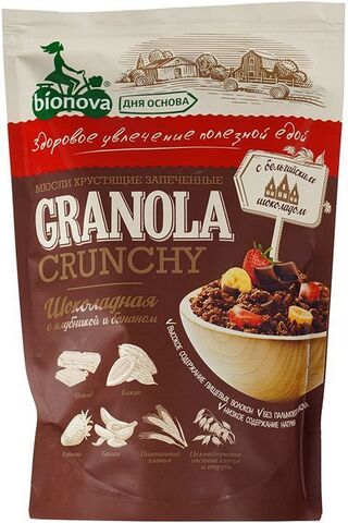 Мюсли хрустящие запеченные т.з. БИОНОВА Шоколадные с клубникой и бананом, порционные 60гр