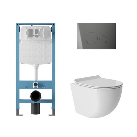Aqueduto AQDS226 AQD комплект: TECNICA Novo Система инсталляции для подвесного унитаза, CIRCULO Novo Панель смыва, оружейная сталь, OVO Унитаз подвесной 525*360 безободковый, сиденье с микролифтом, белый глянцевый