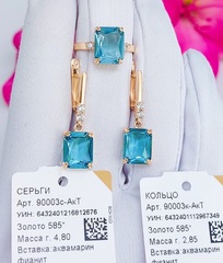 90003с- Серьги из золота 585 пробы с крупными аквамаринами и фианитами