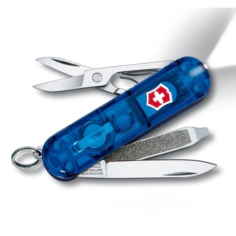 Нож-брелок Victorinox SwissLite Sapphire (0.6228.T2) с фонариком, 8 функций, 58 мм. в сложенном виде | синий полупрозрачный