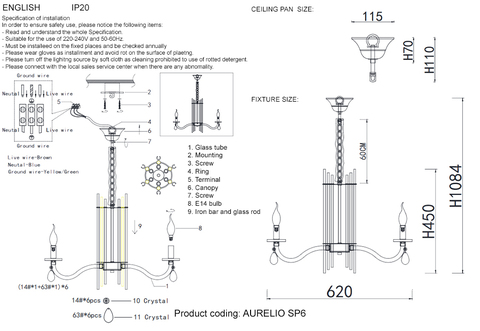 Подвесная люстра Crystal Lux AURELIO SP6 GOLD+CHROME/TRANSPARENT