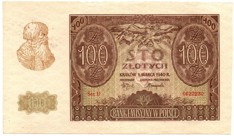 Банкнота Польша 100 злотых 1940 год - пресс
