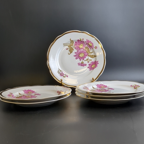 Тарелки пирожковые набор из 6 штук, D- 20 см, Дулево ФЗ, цветы, золочение, винтаж времен СССР 1968-1991 гг