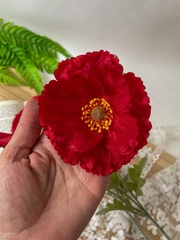 Мак искусственный, бархатистая ножка и листья, 2 цветка + 1 бутон на ветке, 58 см, набор 2 ветки.