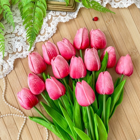 Тюльпаны реалистичные искусственные, Розовые оттенки, нежные, латексные (силиконовые), 34 см, букет из 15 штук
