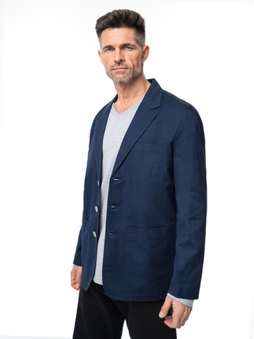 Мужской пиджак тёмно-синего цвета, хлопок-лён