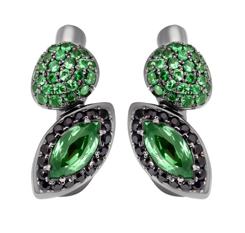 Серьги с Цаворитами и чёрными Сапфирами, E0259-3/4