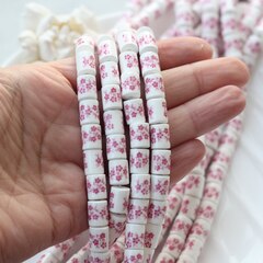 Бусина Бочонок, керамика, белая с розовой росписью, 10*8 мм, 1 нить, К118