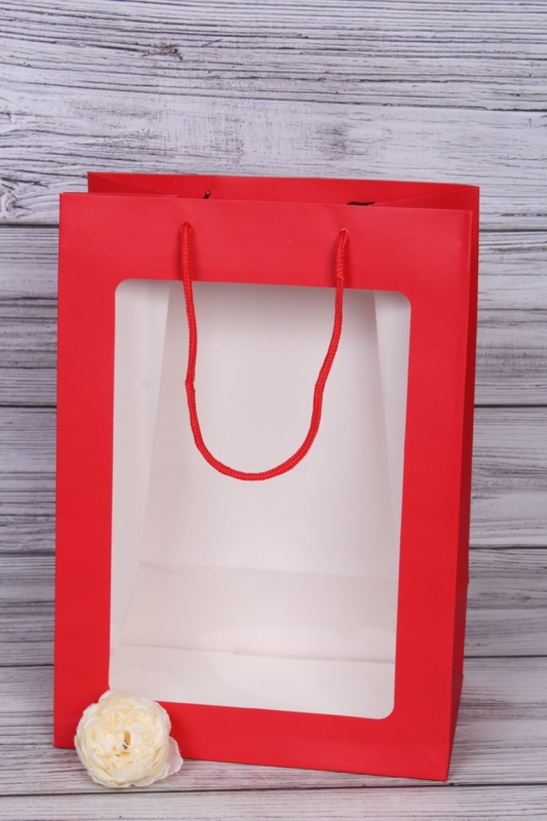 Пакет подарочный M вертикальный с окном, Красный, 26*32*15 см (Д*В*Ш)