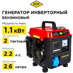 Генератор бензиновый инверторного типа DDE DPG1201i (1ф ном/макс. 1,0/1,1 кВт, 2-х тактн дв, ручн/
