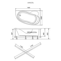 ВАННА АКРИЛОВАЯ НИКОЛЬ NEW 1600х1000 ЛЕВАЯ с каркасом и сифоном